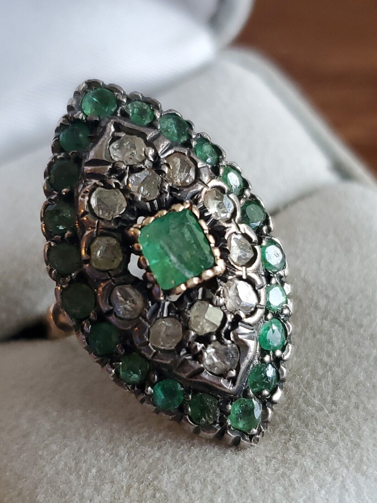 2 Ct Super RARE 1800s DECO 14K GOLD EMERALD & ROUGH CUT DIAMOND RING SZ 8.5 #214