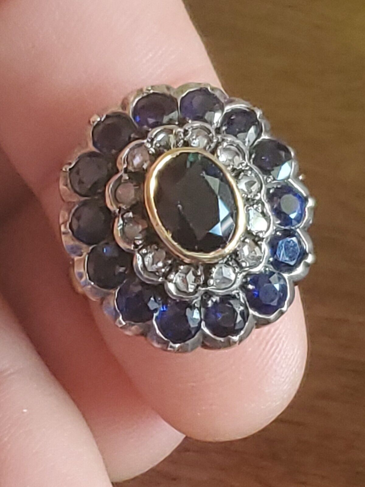 3.75 Ct Super RARE 1800s 14K GOLD SAPPHIRE & ROUGH CUT DIAMOND RING SZ 7.5 #215