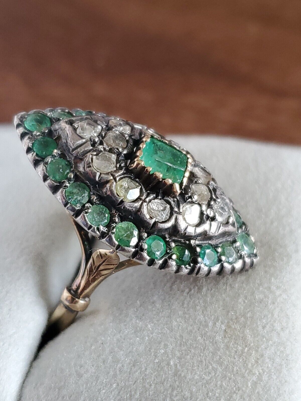 2 Ct Super RARE 1800s DECO 14K GOLD EMERALD & ROUGH CUT DIAMOND RING SZ 8.5 #214