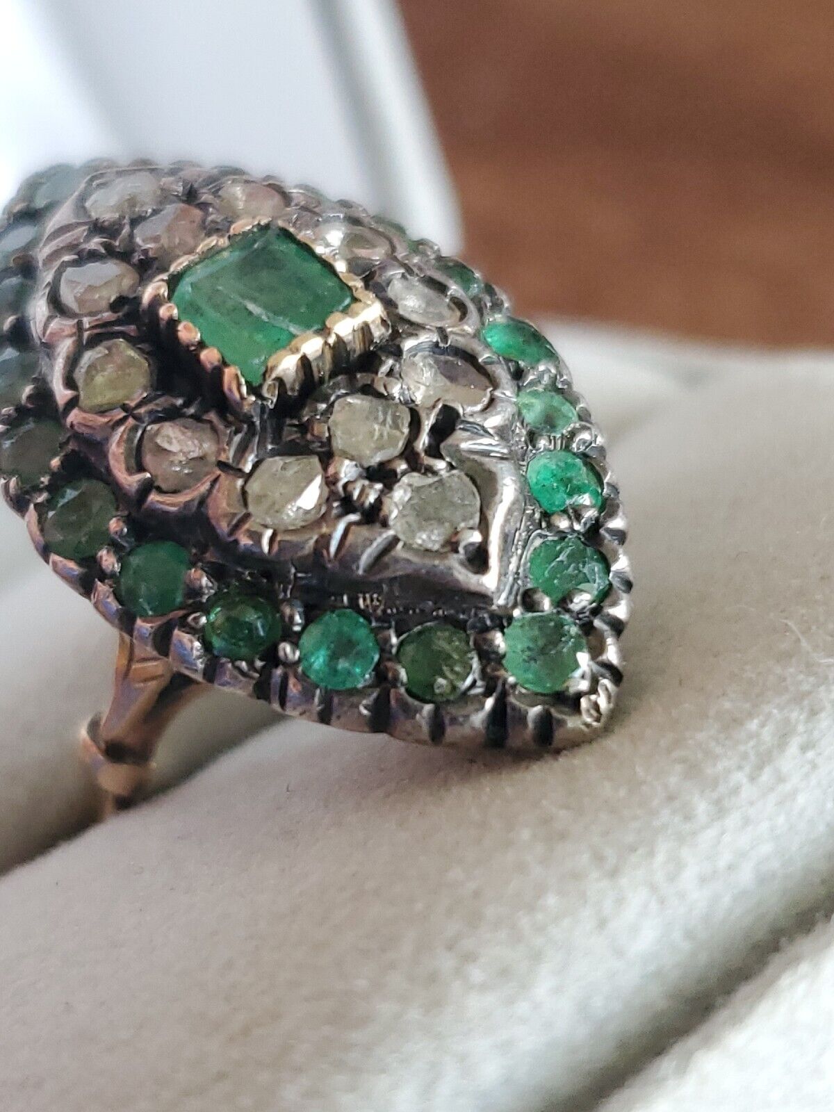 2 Ct Super RARE 1800s DECO 14K GOLD EMERALD & ROUGH CUT DIAMOND RING SZ 8.5 #214