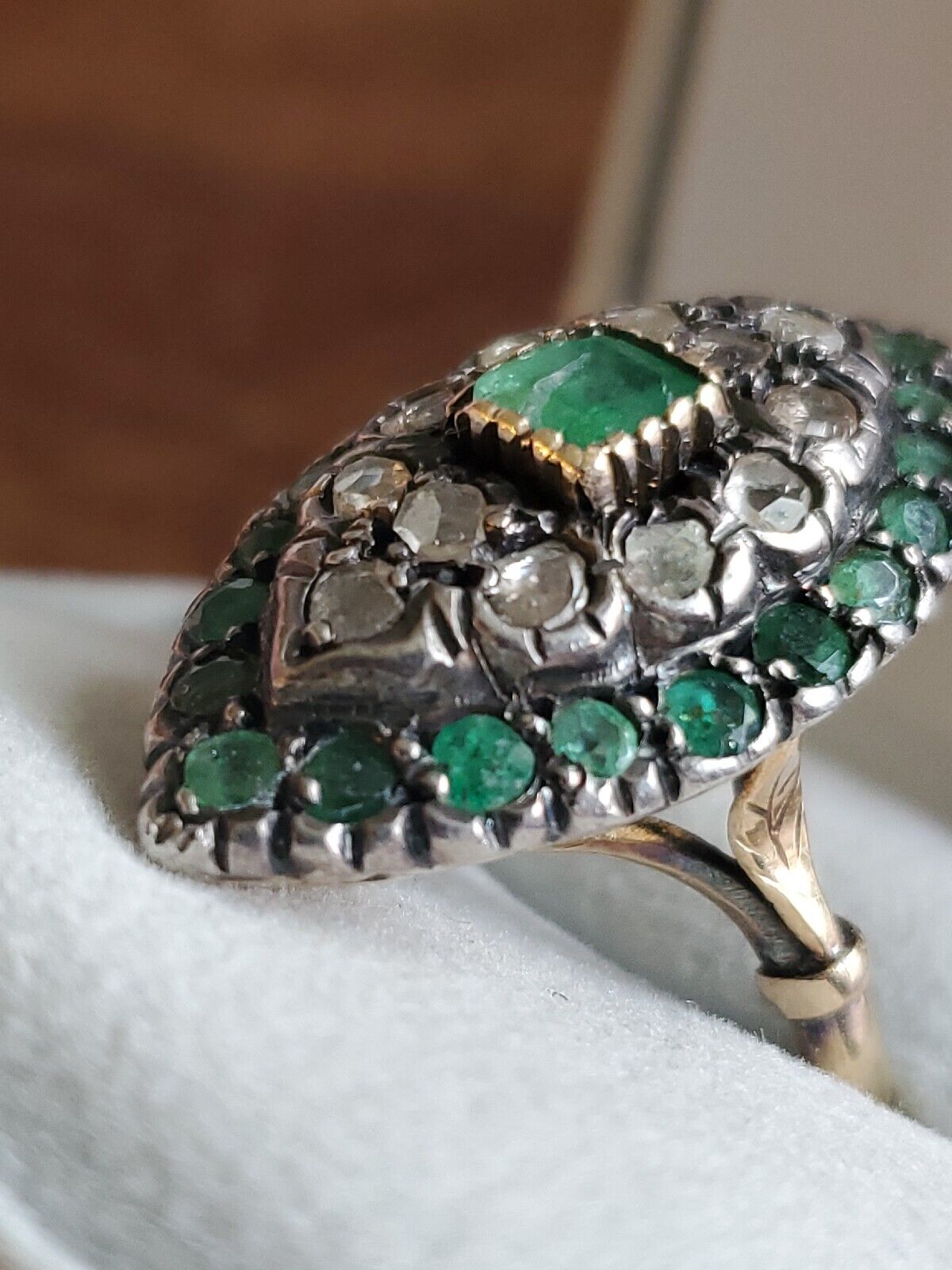 2 Ct Super RARE 1800s DECO 14K GOLD EMERALD & ROUGH CUT DIAMOND RING SZ 8.5 #214