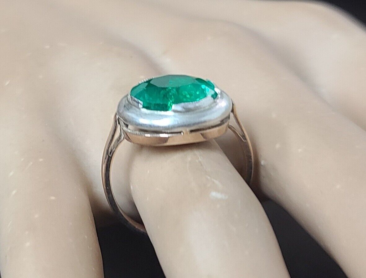 4.98ct.  green round  emerald ring  14k rose gold  & silver Georgia circ 1800's 