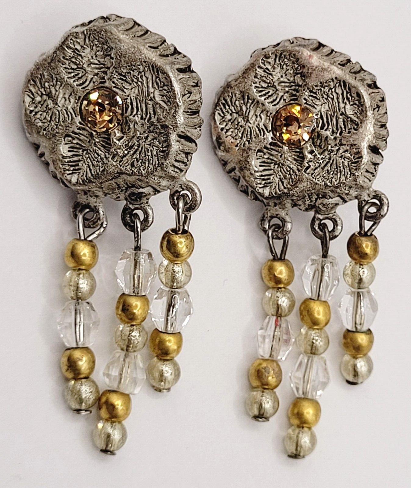 Art Nouveau Early 1900s Flower Silver Tone Dangle Bead Metal Clip On Earrings