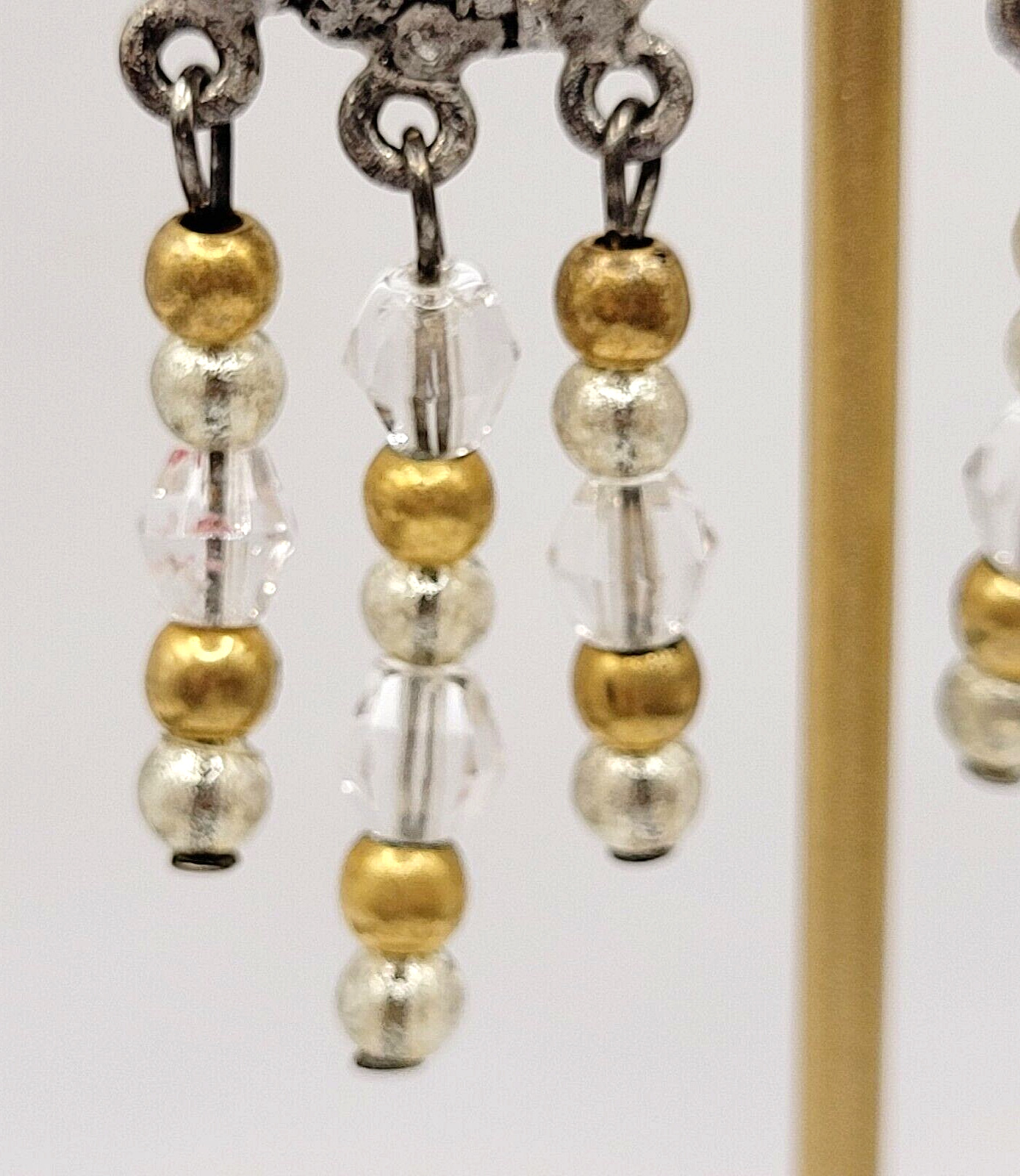 Art Nouveau Early 1900s Flower Silver Tone Dangle Bead Metal Clip On Earrings