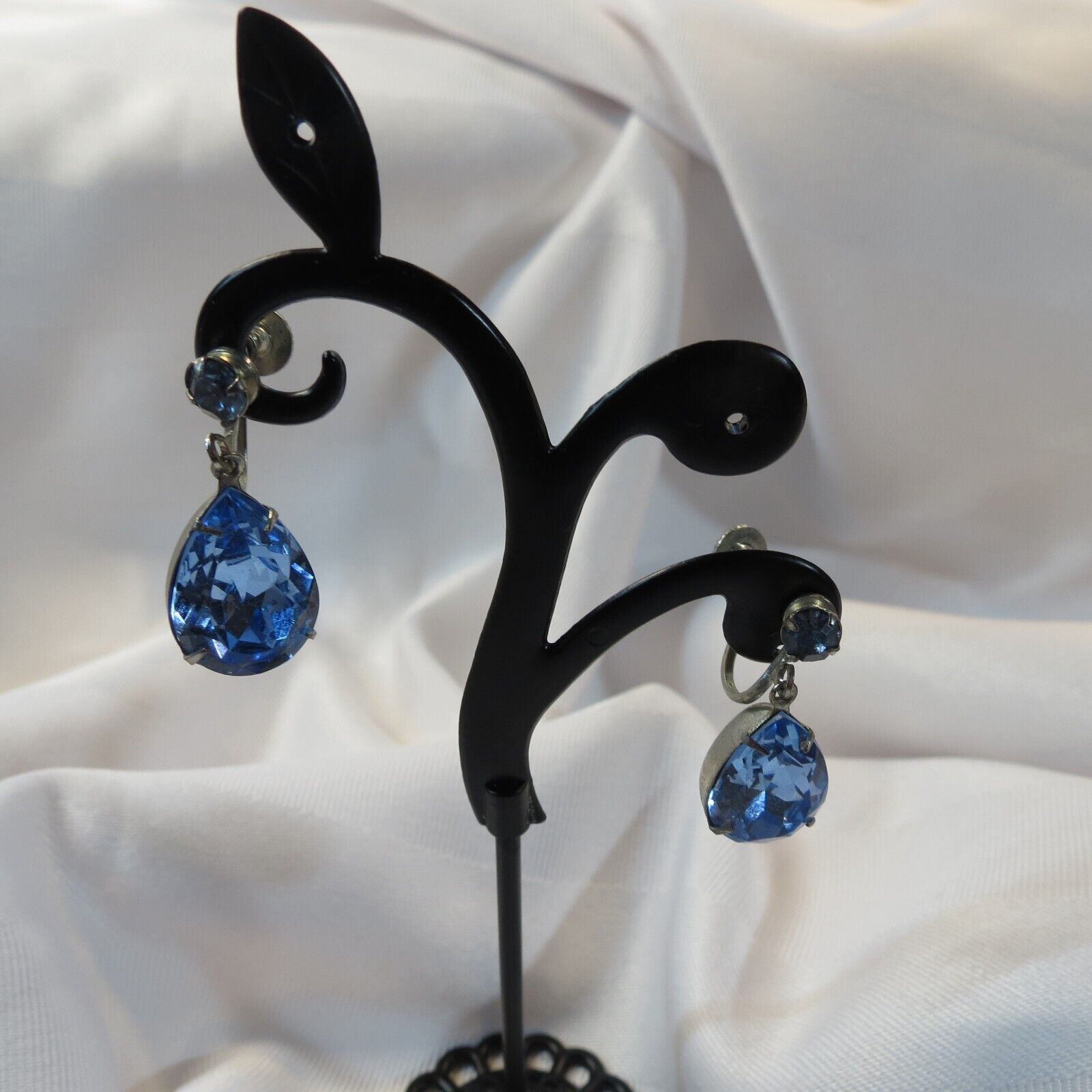Vintage Early 1900s Blue Teardrop Silver Tone Earrings - Screw Back Closures