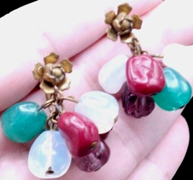 Antique 1900s Brass Rose Dangle Screw Back Earrings Uranium & Ring Of Fire Glass
