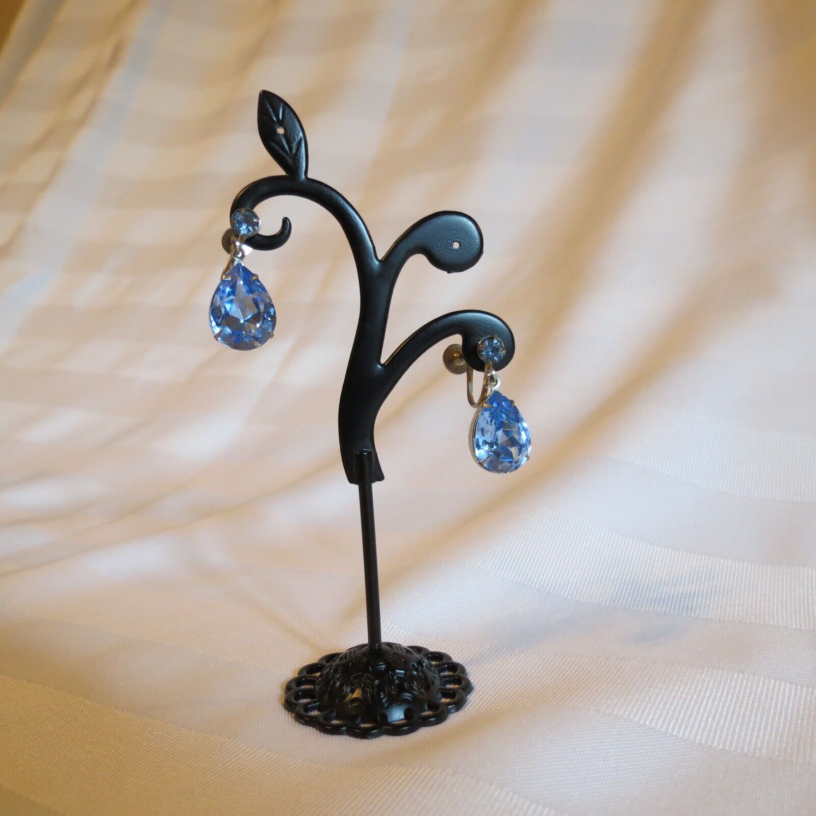 Vintage Early 1900s Blue Teardrop Silver Tone Earrings - Screw Back Closures