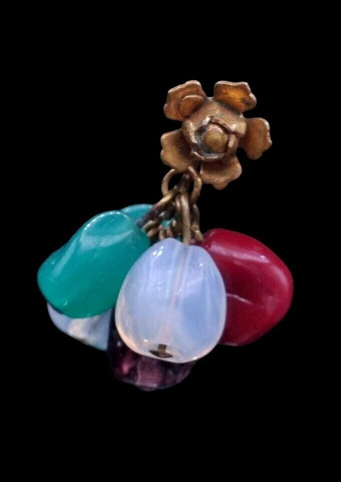 Antique 1900s Brass Rose Dangle Screw Back Earrings Uranium & Ring Of Fire Glass