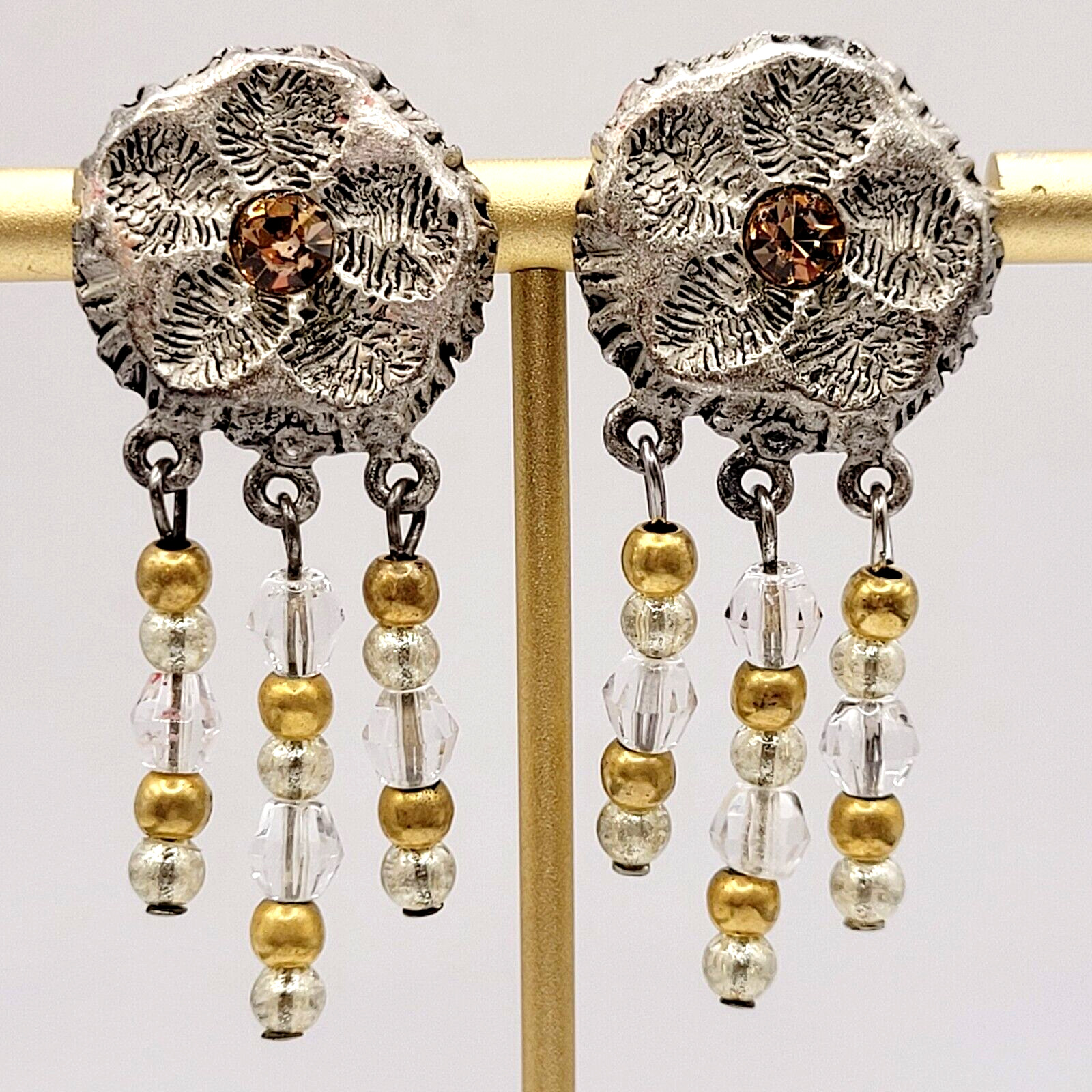 Art Nouveau Early 1900s Flower Silver Tone Dangle Bead Metal Clip On Earrings
