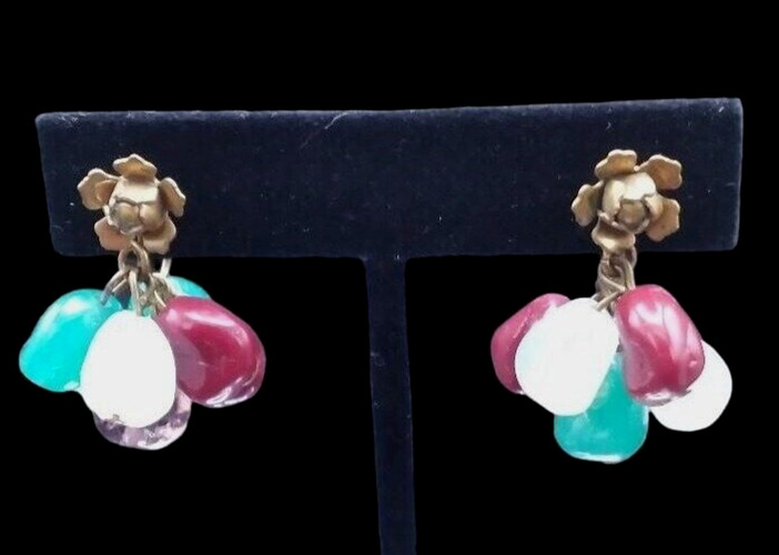 Antique 1900s Brass Rose Dangle Screw Back Earrings Uranium & Ring Of Fire Glass