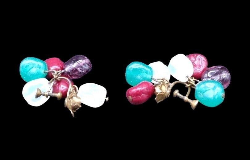 Antique 1900s Brass Rose Dangle Screw Back Earrings Uranium & Ring Of Fire Glass