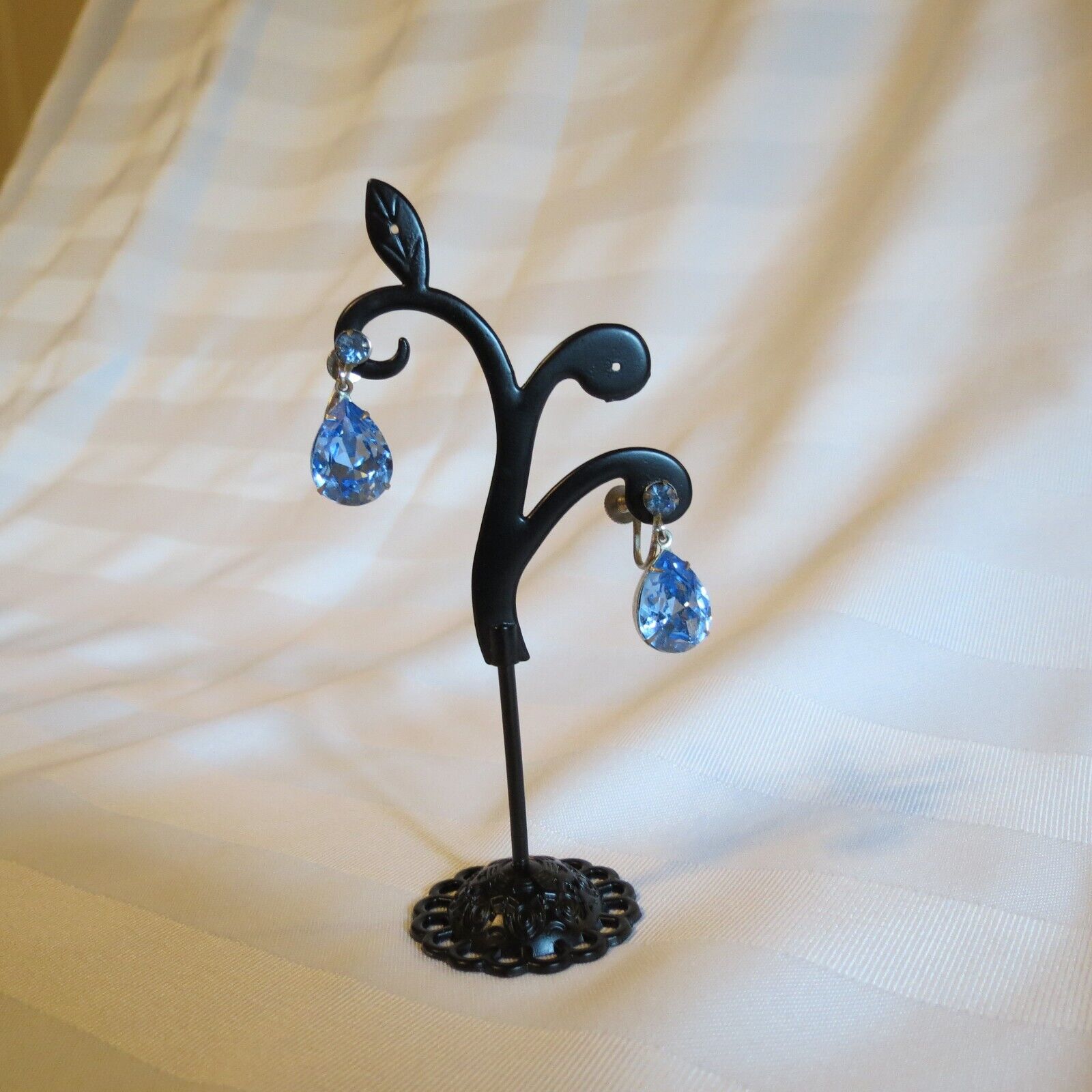 Vintage Early 1900s Blue Teardrop Silver Tone Earrings - Screw Back Closures