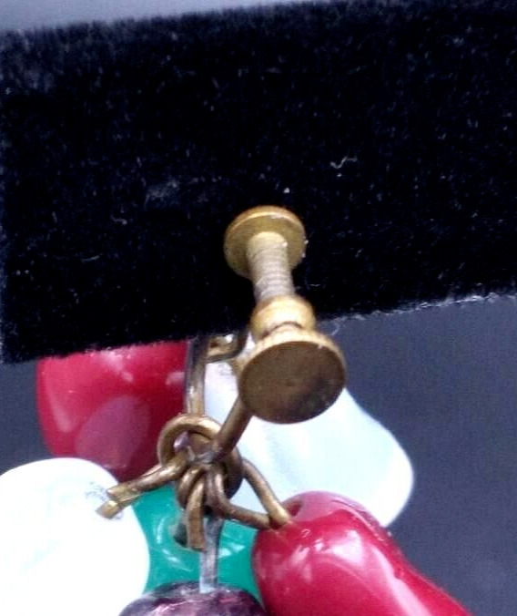 Antique 1900s Brass Rose Dangle Screw Back Earrings Uranium & Ring Of Fire Glass