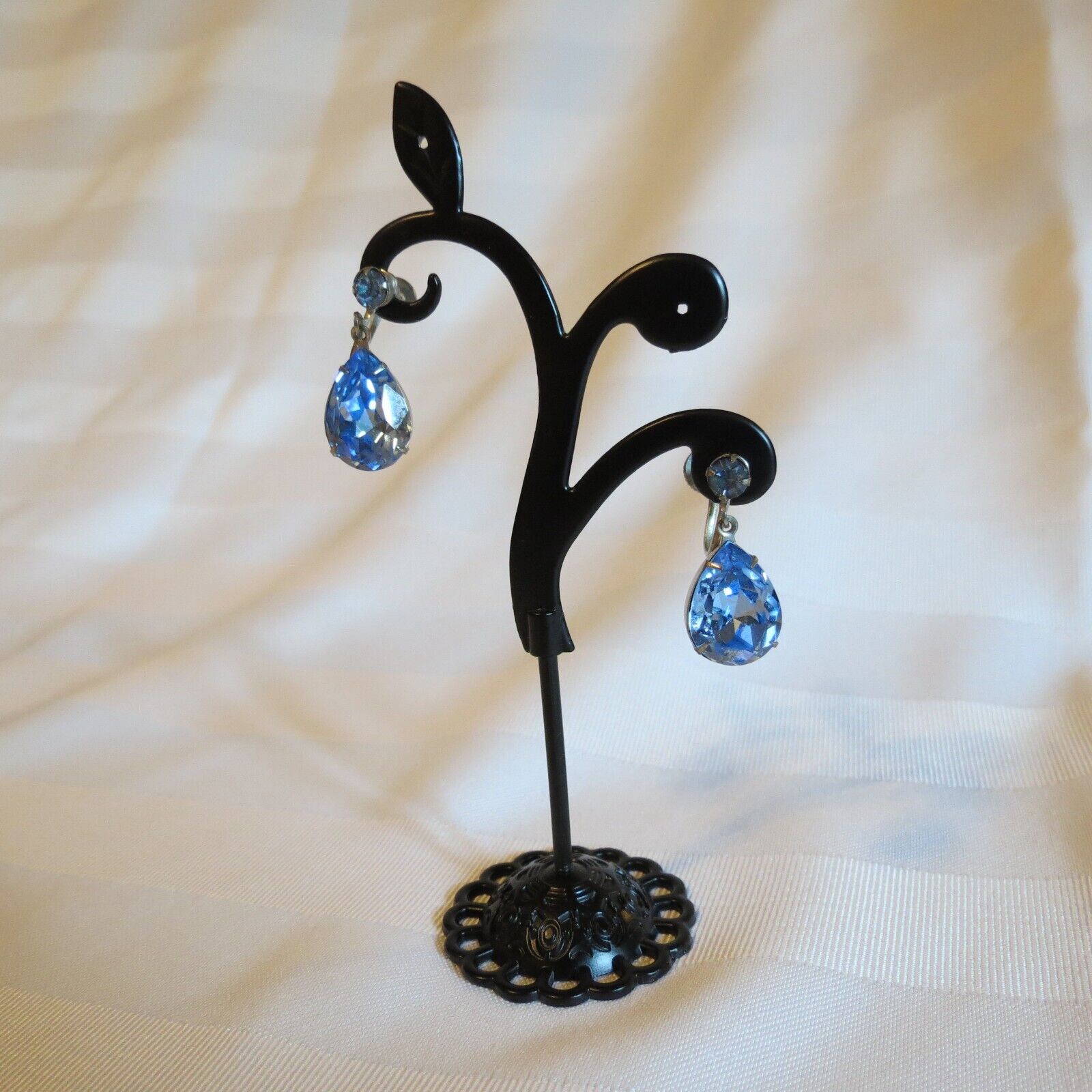 Vintage Early 1900s Blue Teardrop Silver Tone Earrings - Screw Back Closures