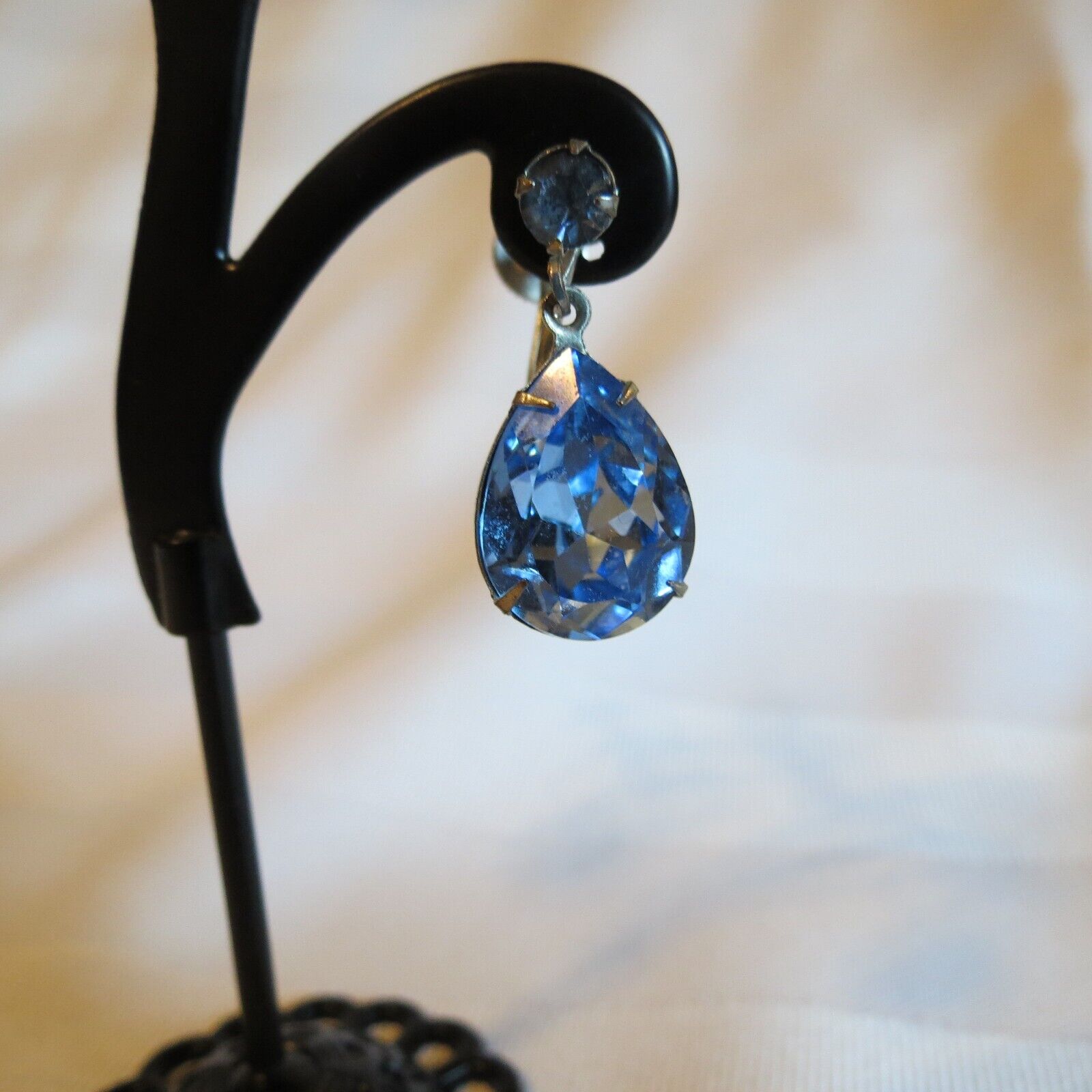 Vintage Early 1900s Blue Teardrop Silver Tone Earrings - Screw Back Closures