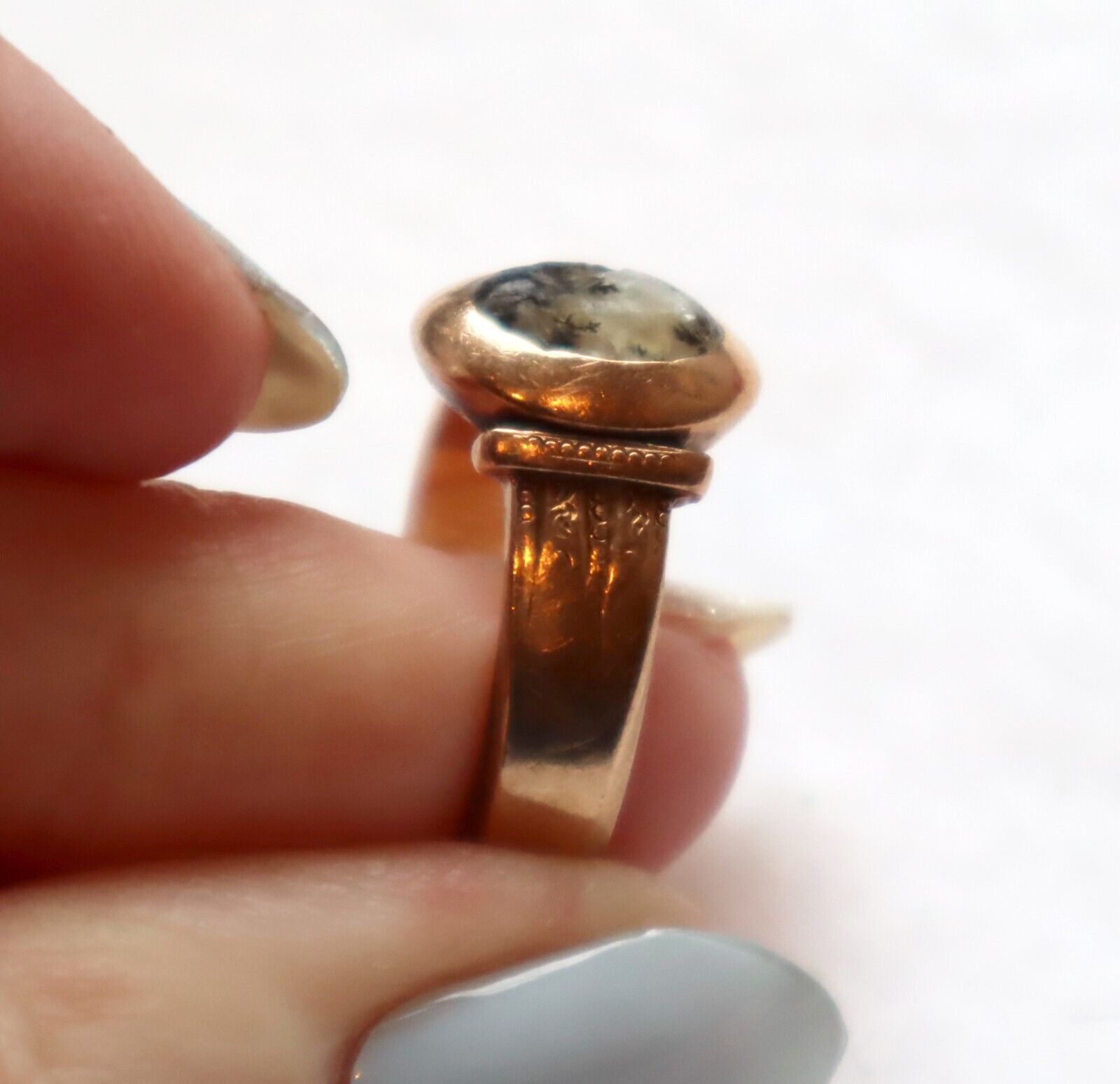 Antique Late 1800s 10k Rose Gold Ring Dendritic Opal CB and Co Victorian Sz 8.5