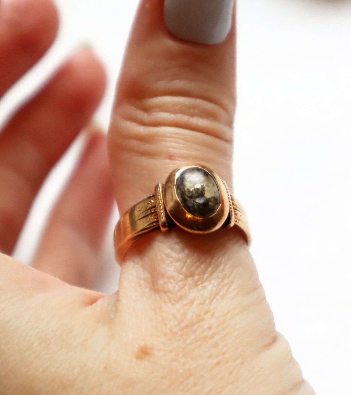 Antique Late 1800s 10k Rose Gold Ring Dendritic Opal CB and Co Victorian Sz 8.5