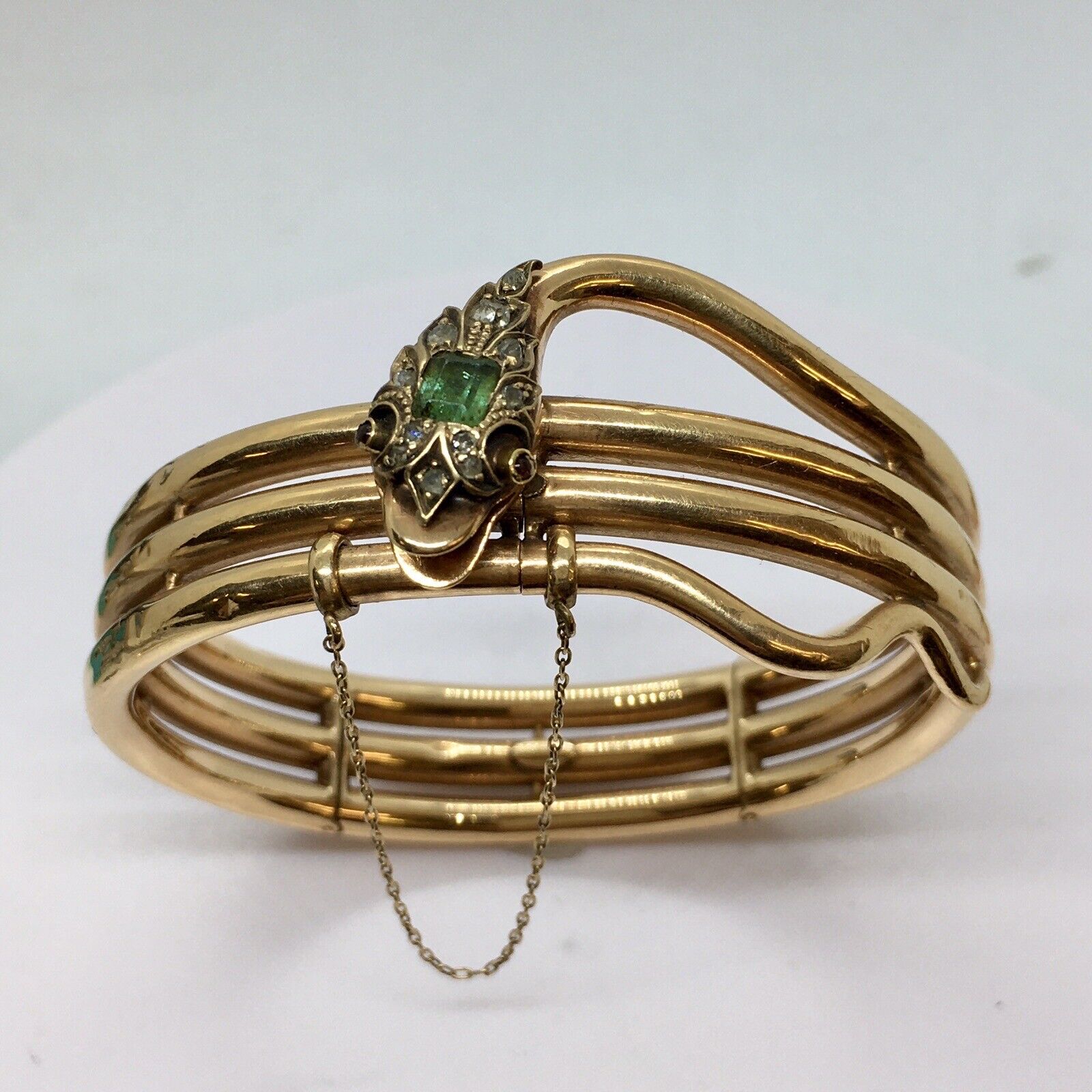 Edwardian Diamond Emerald Bangle Snake Bracelet Silver 14K Gold American 1900s