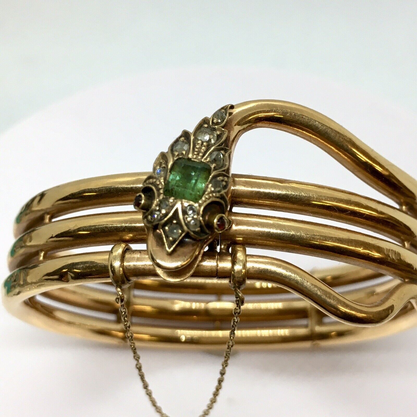 Edwardian Diamond Emerald Bangle Snake Bracelet Silver 14K Gold American  1900s