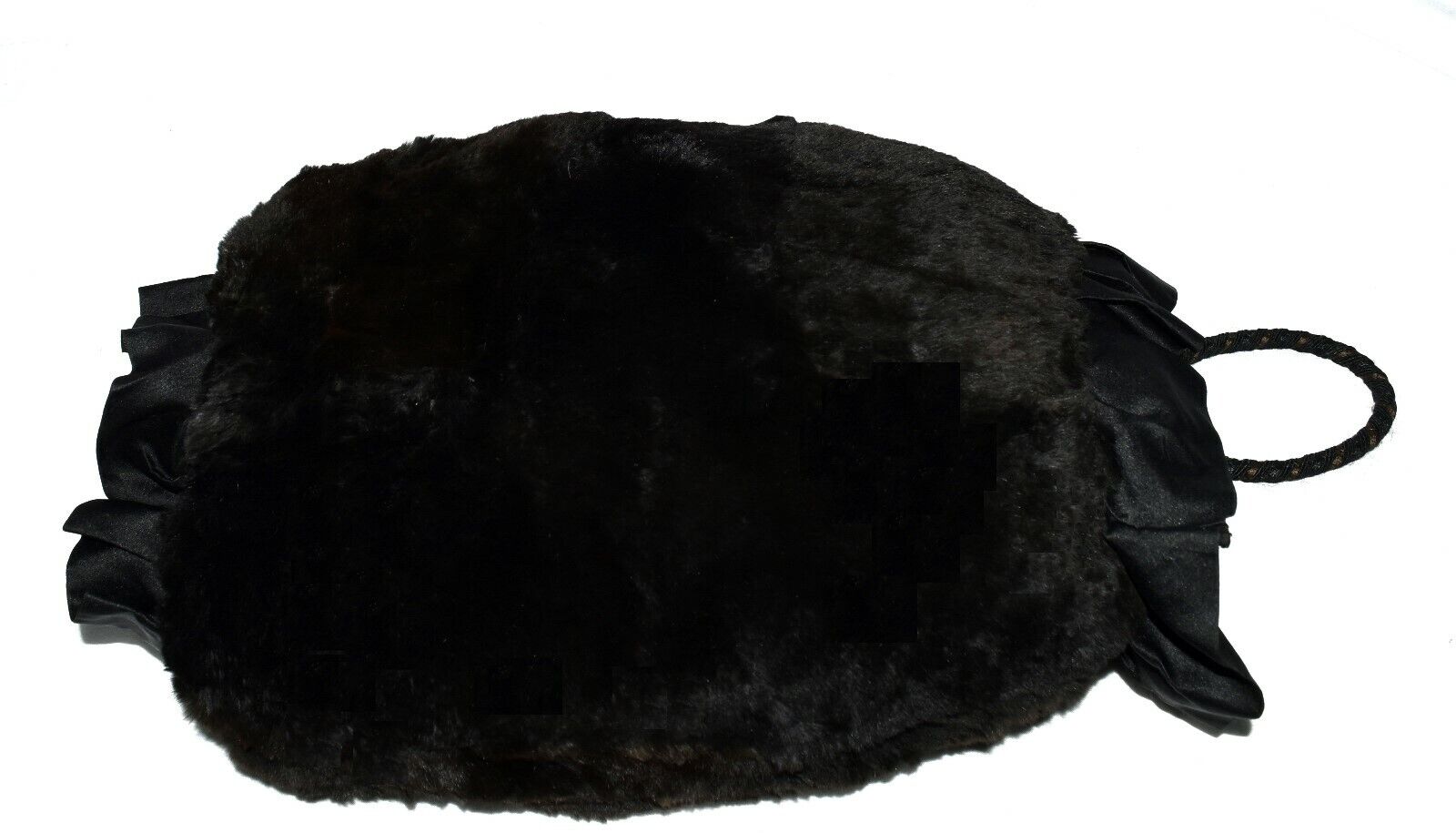 Early 1900's Black Sheared Rabbit Fur Silk Lined Bracelet Ring Hand Warmer Muff 