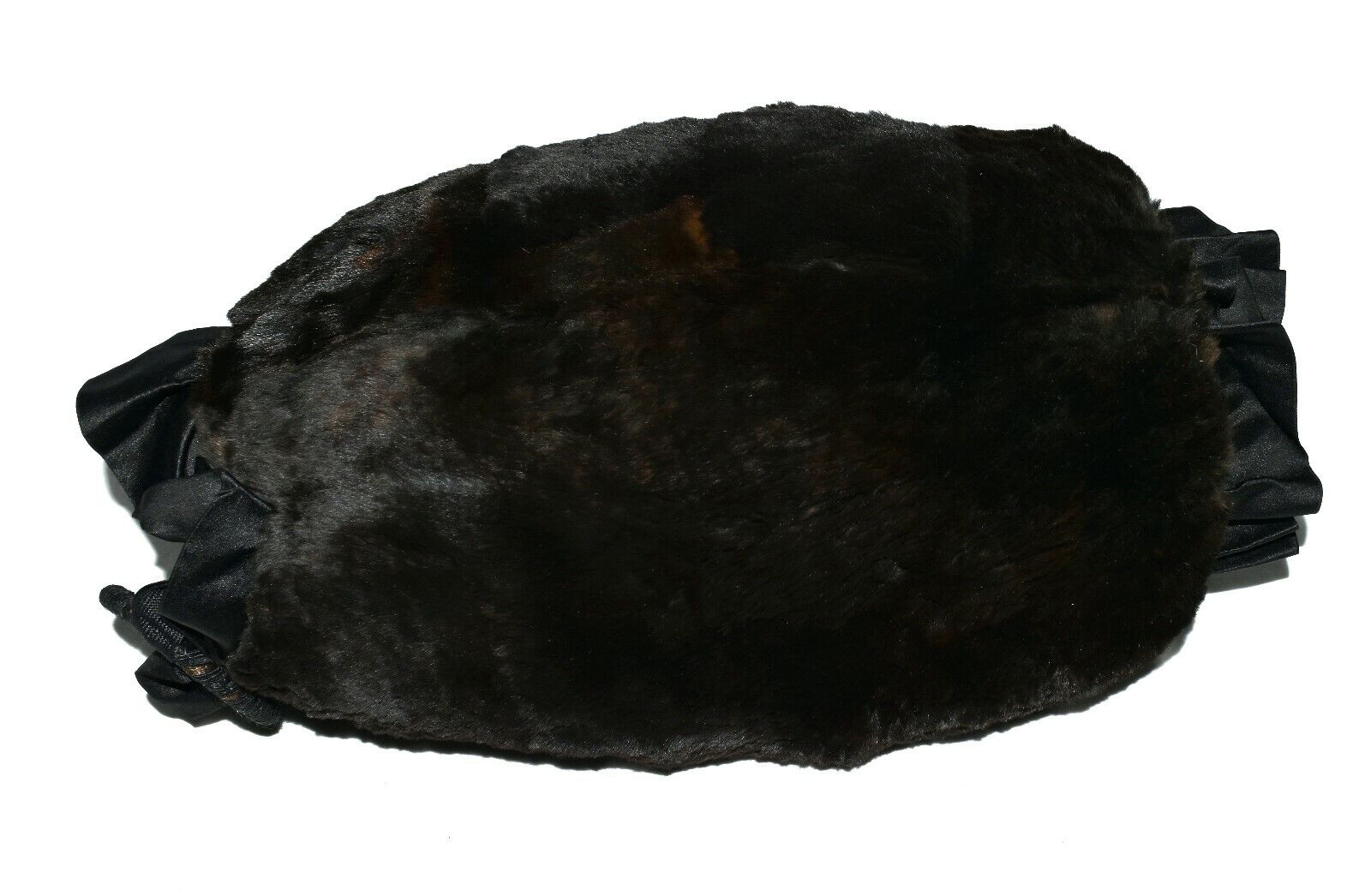 Early 1900's Black Sheared Rabbit Fur Silk Lined Bracelet Ring Hand Warmer Muff 