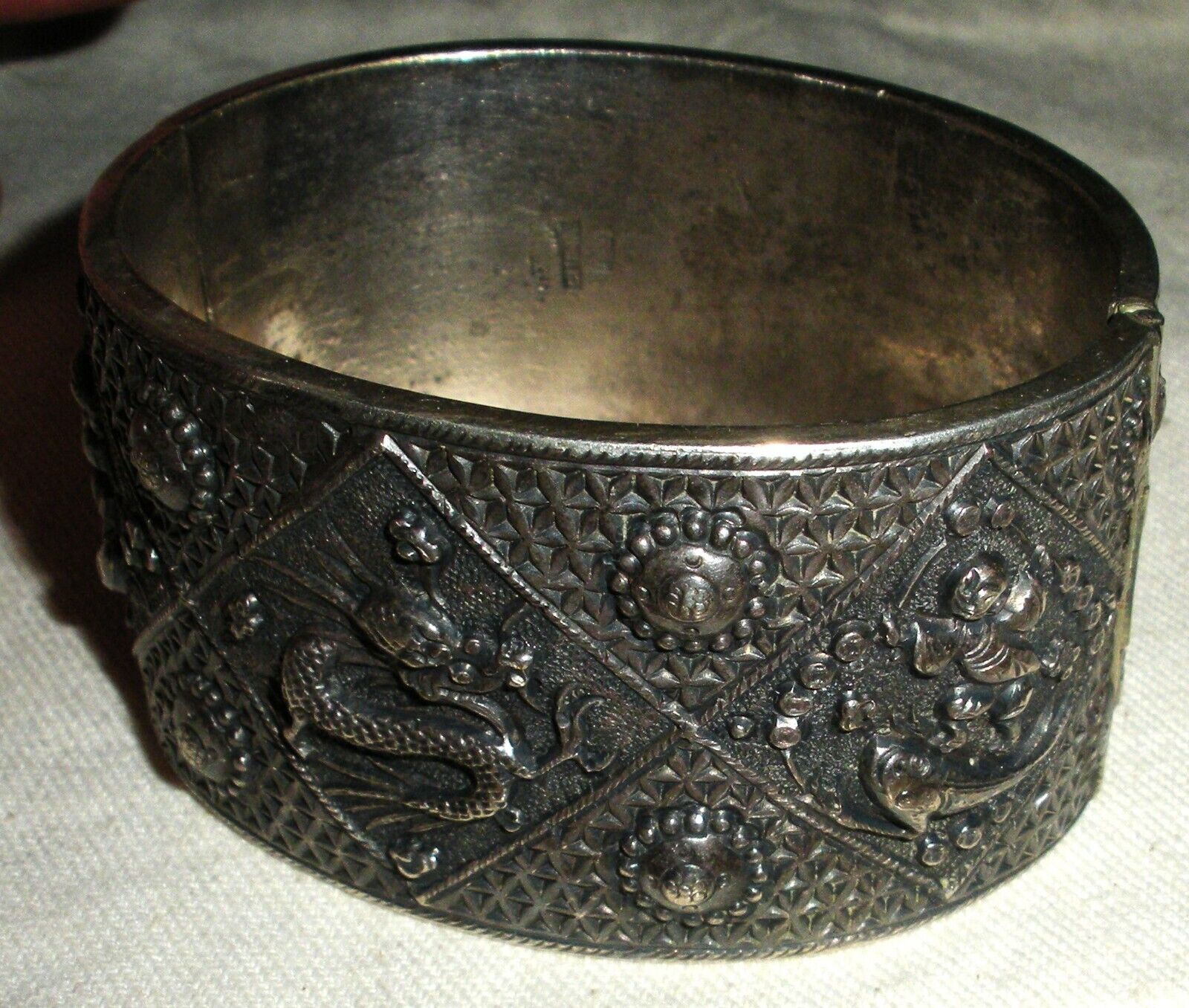 ANTIQUE EARLY 1900S CHINESE EXPORT DRAGON FISH MAN STERLING SILVER BRACELET vafo