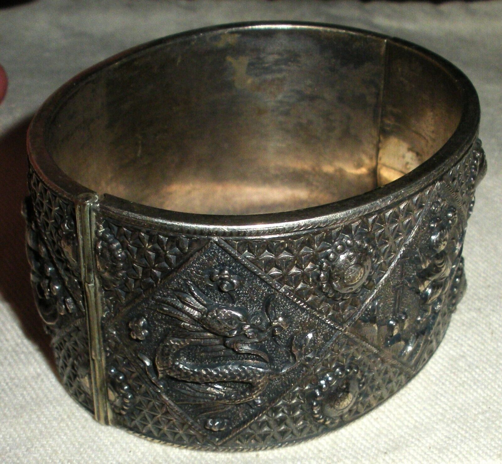 ANTIQUE EARLY 1900S CHINESE EXPORT DRAGON FISH MAN STERLING SILVER BRACELET vafo