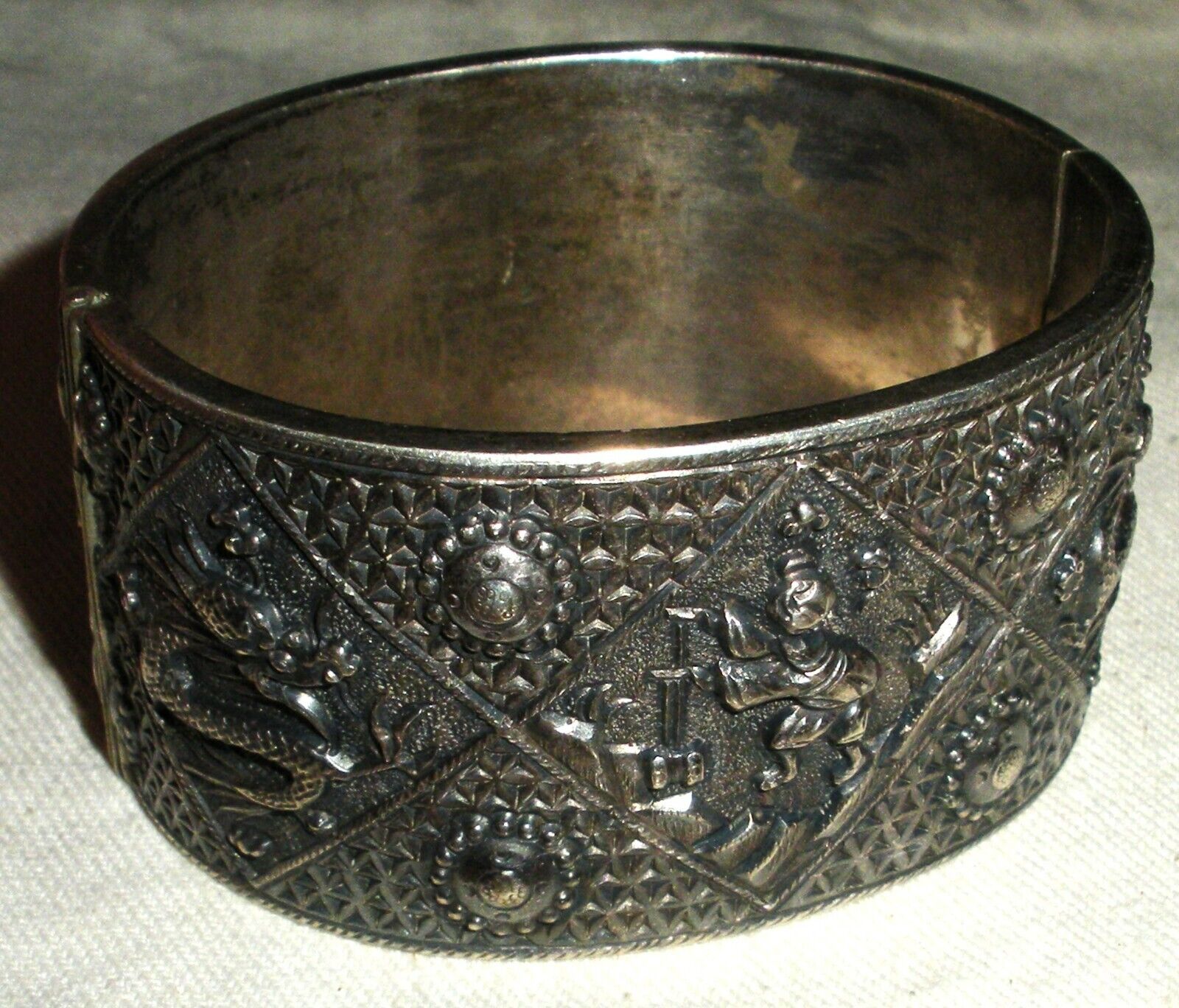 ANTIQUE EARLY 1900S CHINESE EXPORT DRAGON FISH MAN STERLING SILVER BRACELET vafo