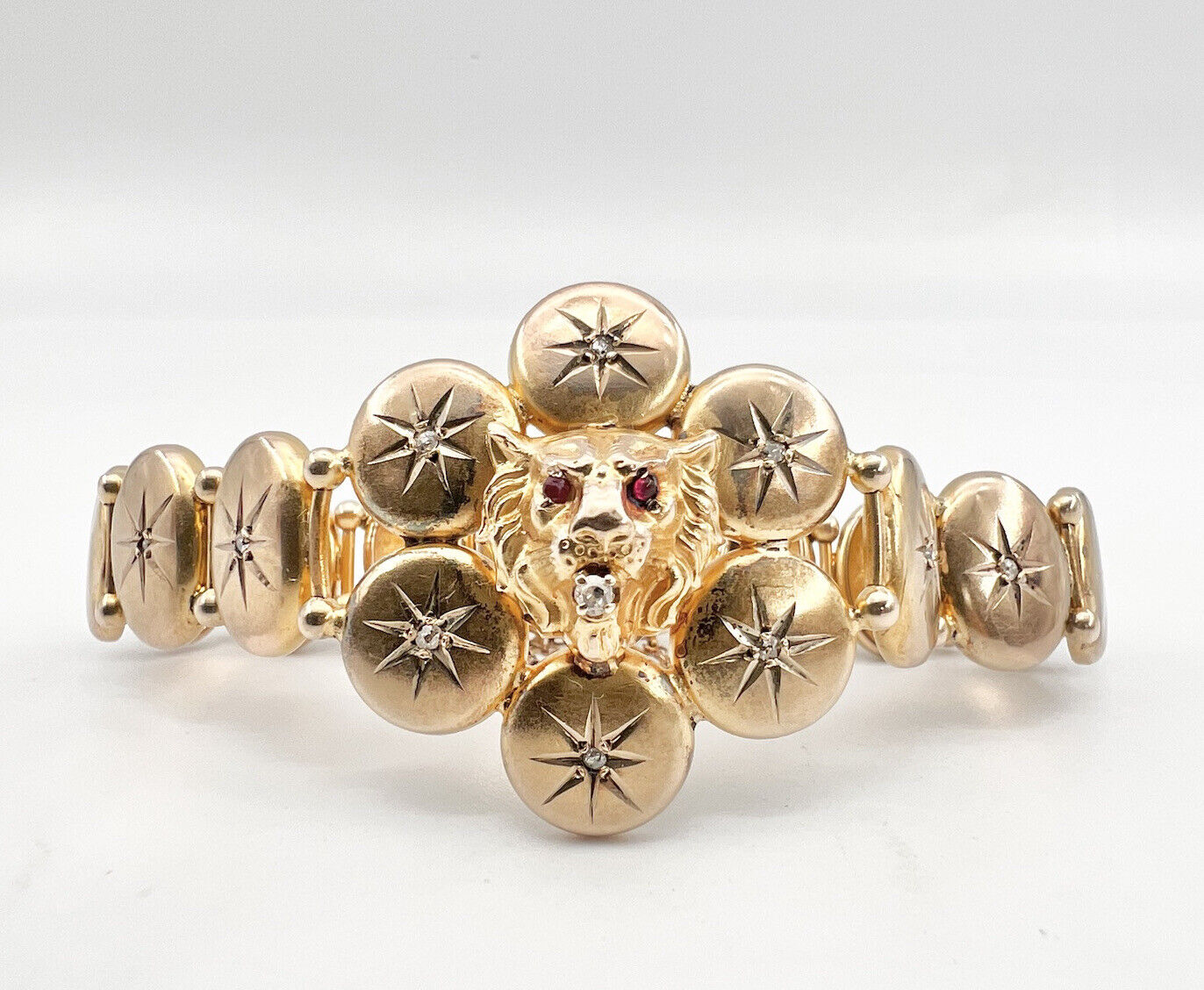 Antique 1800's Victorian 10k Yellow Gold Diamond Ruby Eyes Lion Head Bracelet