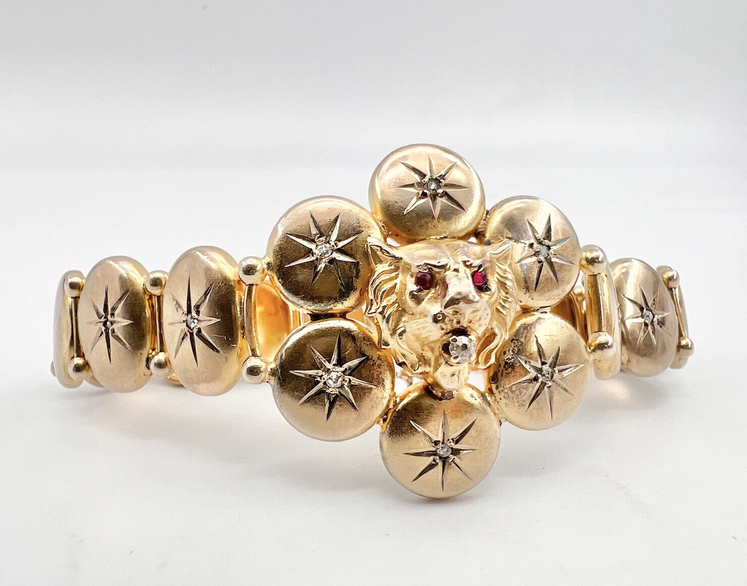 Antique 1800's Victorian 10k Yellow Gold Diamond Ruby Eyes Lion Head Bracelet