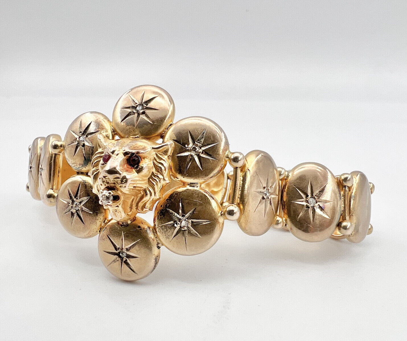 Antique 1800's Victorian 10k Yellow Gold Diamond Ruby Eyes Lion Head Bracelet