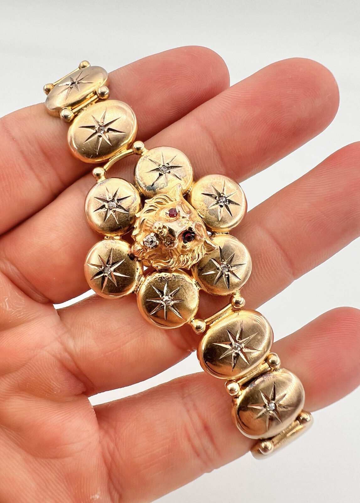 Antique 1800's Victorian 10k Yellow Gold Diamond Ruby Eyes Lion Head Bracelet