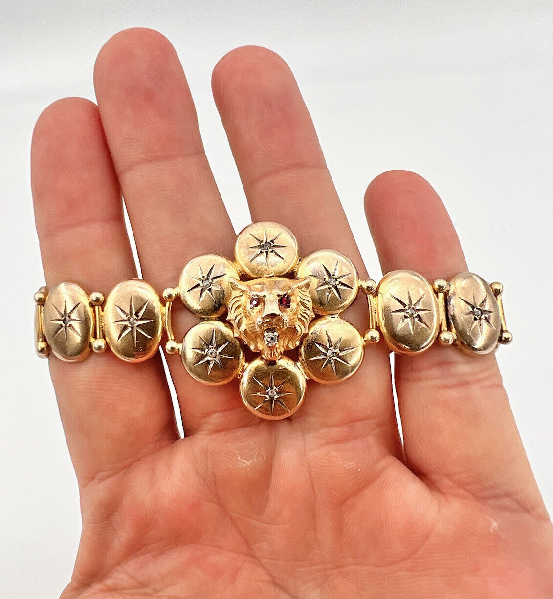 Antique 1800's Victorian 10k Yellow Gold Diamond Ruby Eyes Lion Head Bracelet