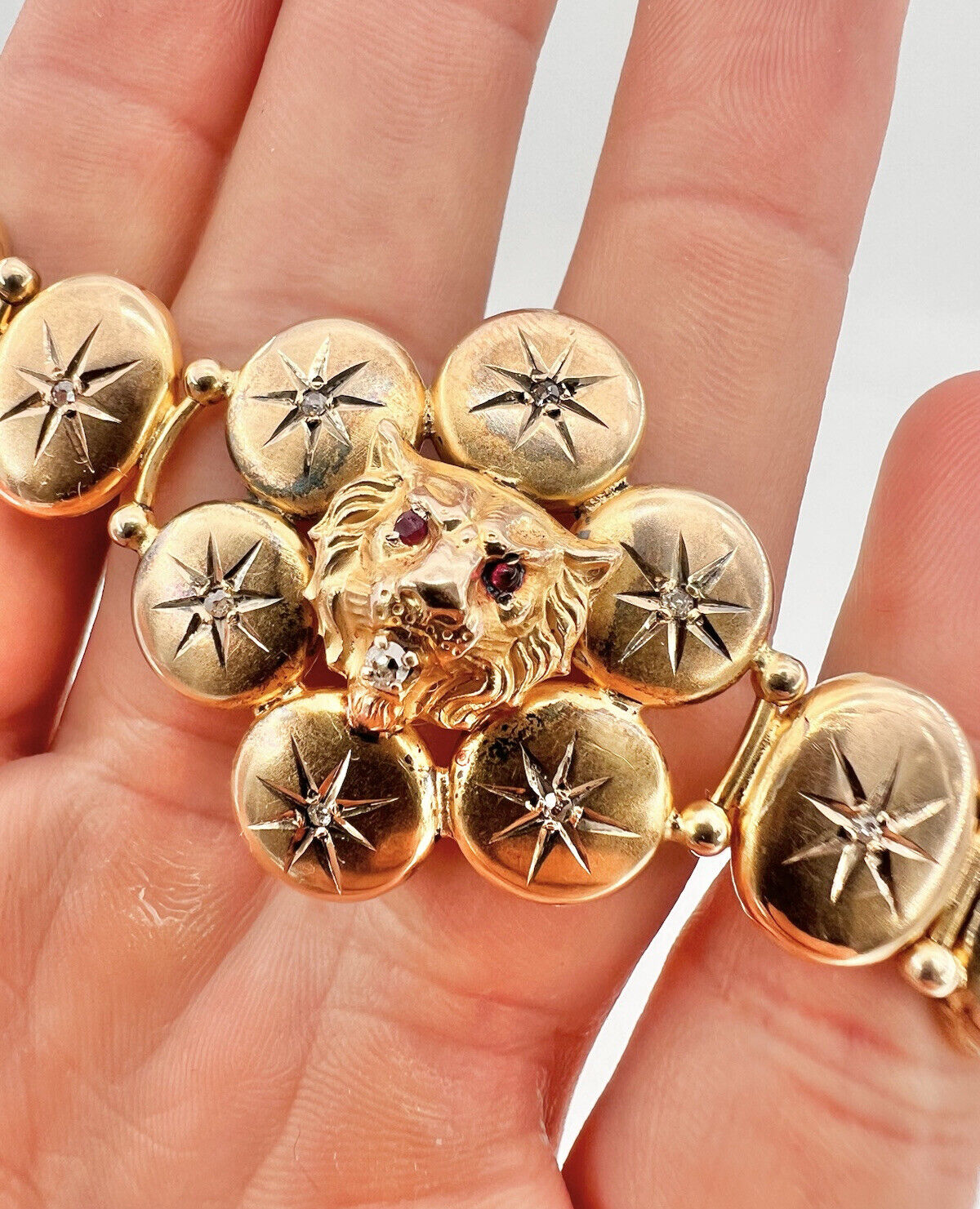 Antique 1800's Victorian 10k Yellow Gold Diamond Ruby Eyes Lion Head Bracelet