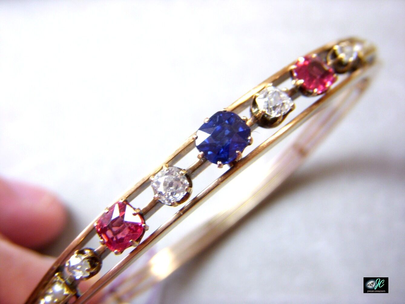 Sapphire Spinel Diamond Bead Pearl 14k Rose Gold Bangle Bracelet 1800s Victorian