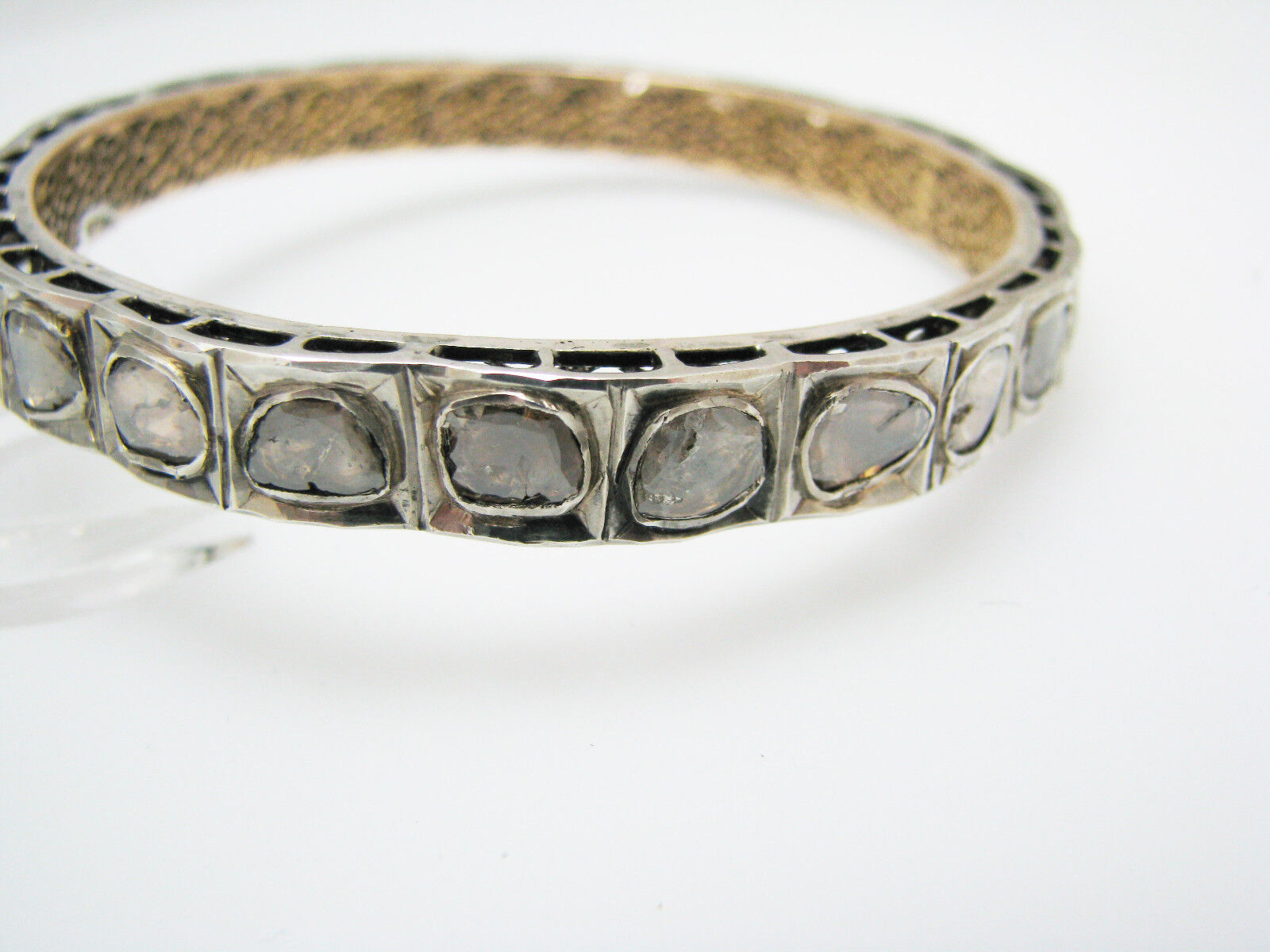 a1016 Vintage Unique 1800's Single Rose Cut Diamonds Silver Gold Bangle Bracelet