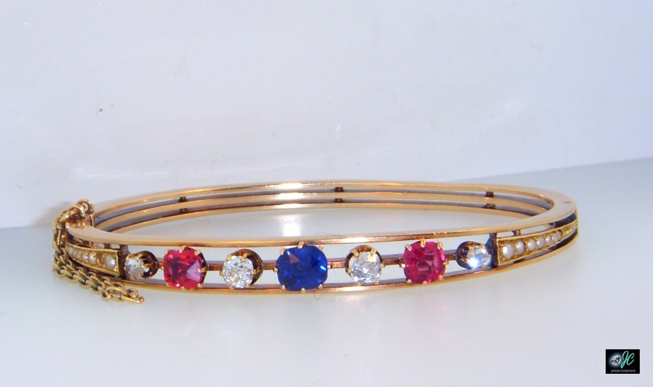 Sapphire Spinel Diamond Bead Pearl 14k Rose Gold Bangle Bracelet 1800s Victorian