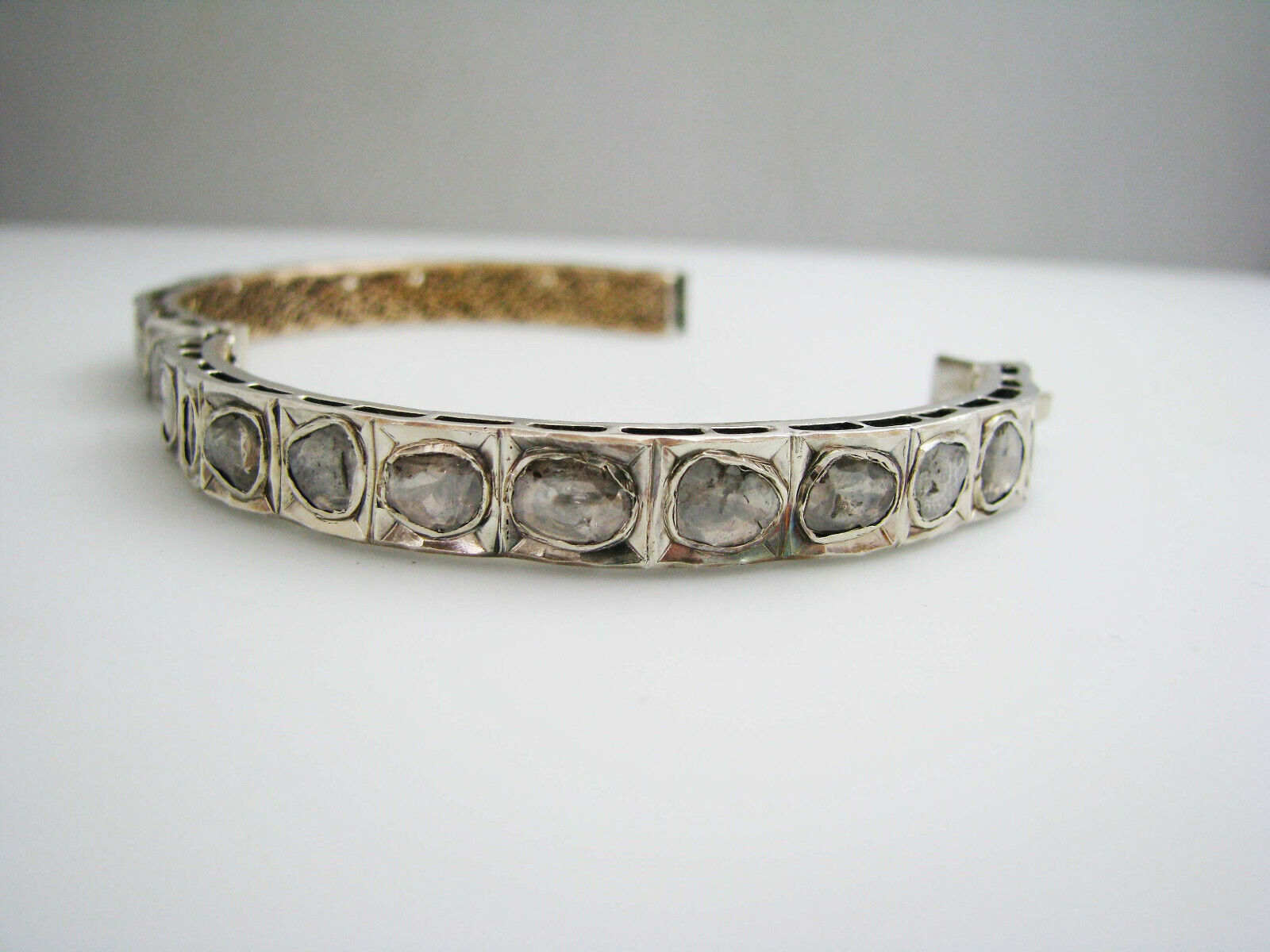 a1016 Vintage Unique 1800's Single Rose Cut Diamonds Silver Gold Bangle Bracelet