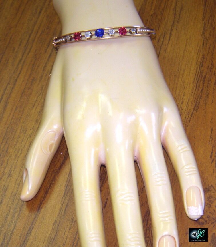 Sapphire Spinel Diamond Bead Pearl 14k Rose Gold Bangle Bracelet 1800s Victorian