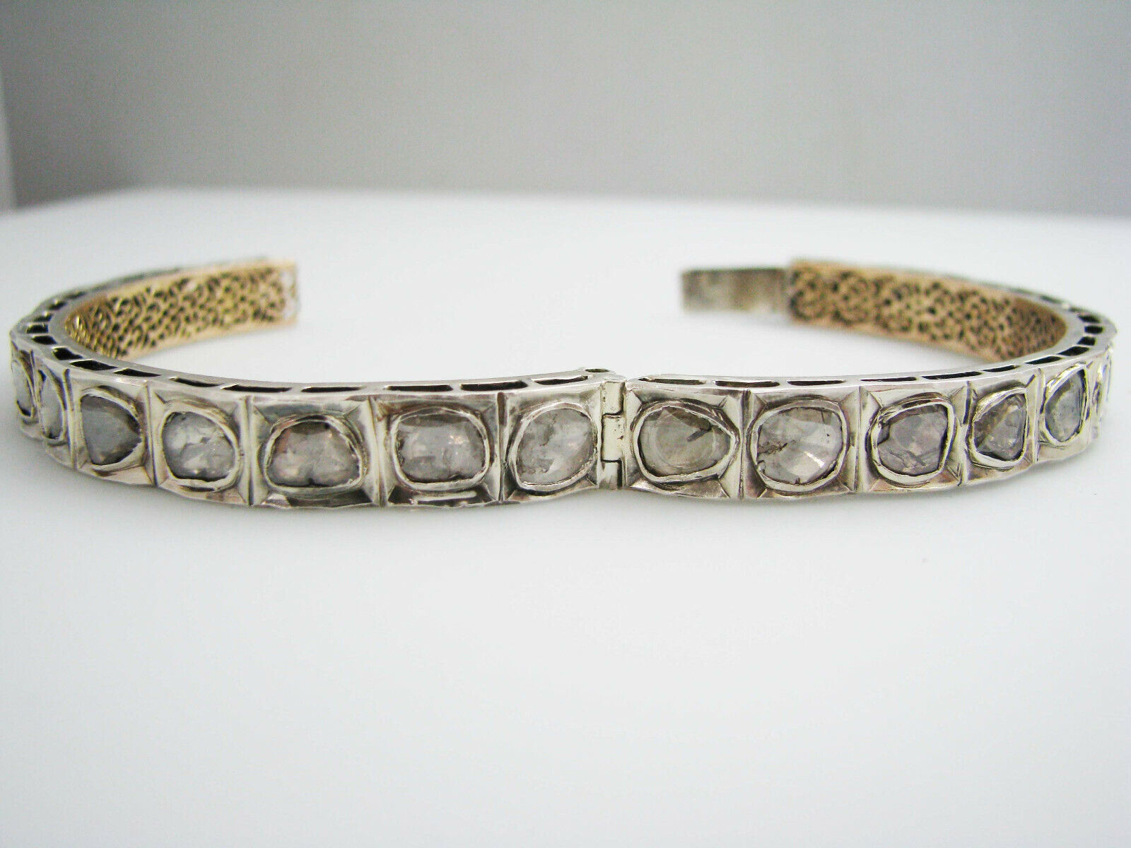 a1016 Vintage Unique 1800's Single Rose Cut Diamonds Silver Gold Bangle Bracelet