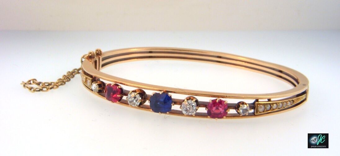 Sapphire Spinel Diamond Bead Pearl 14k Rose Gold Bangle Bracelet 1800s Victorian