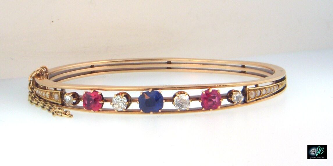Sapphire Spinel Diamond Bead Pearl 14k Rose Gold Bangle Bracelet 1800s Victorian