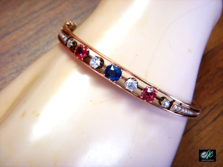 Sapphire Spinel Diamond Bead Pearl 14k Rose Gold Bangle Bracelet 1800s Victorian