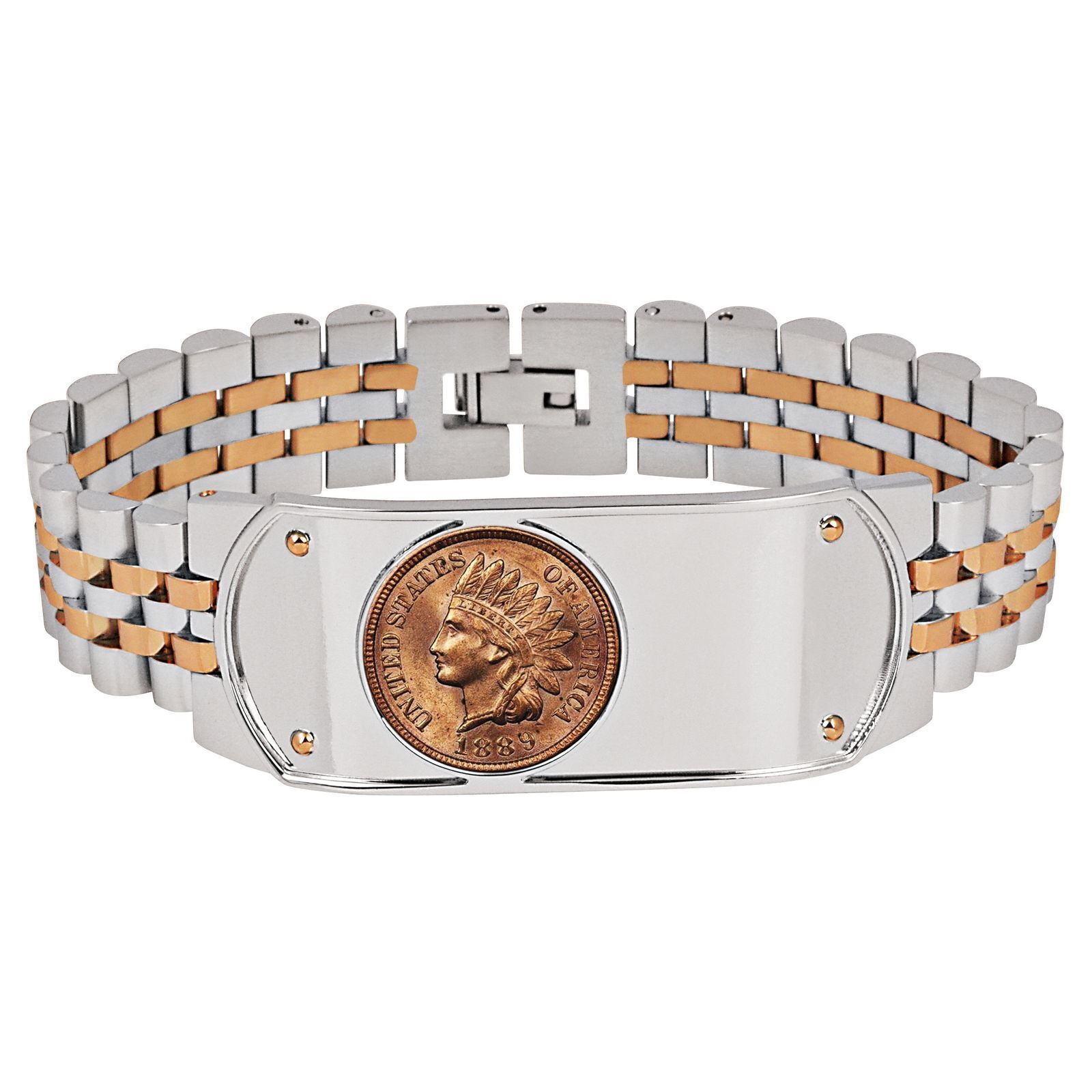 NEW Men's Two-Tone Stainless Steel Bracelet with 1800's Indian Head Penny Coin