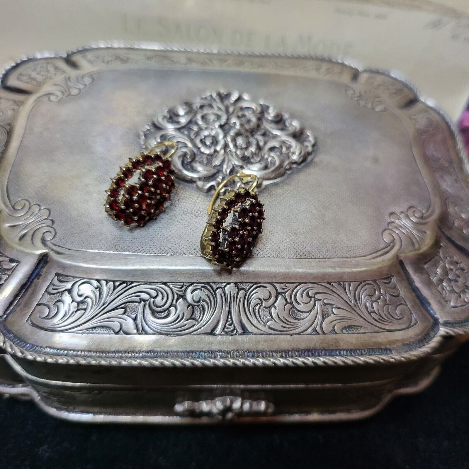 Antique earrings, natural garnets, signed with three marks,1900s,Bohemia