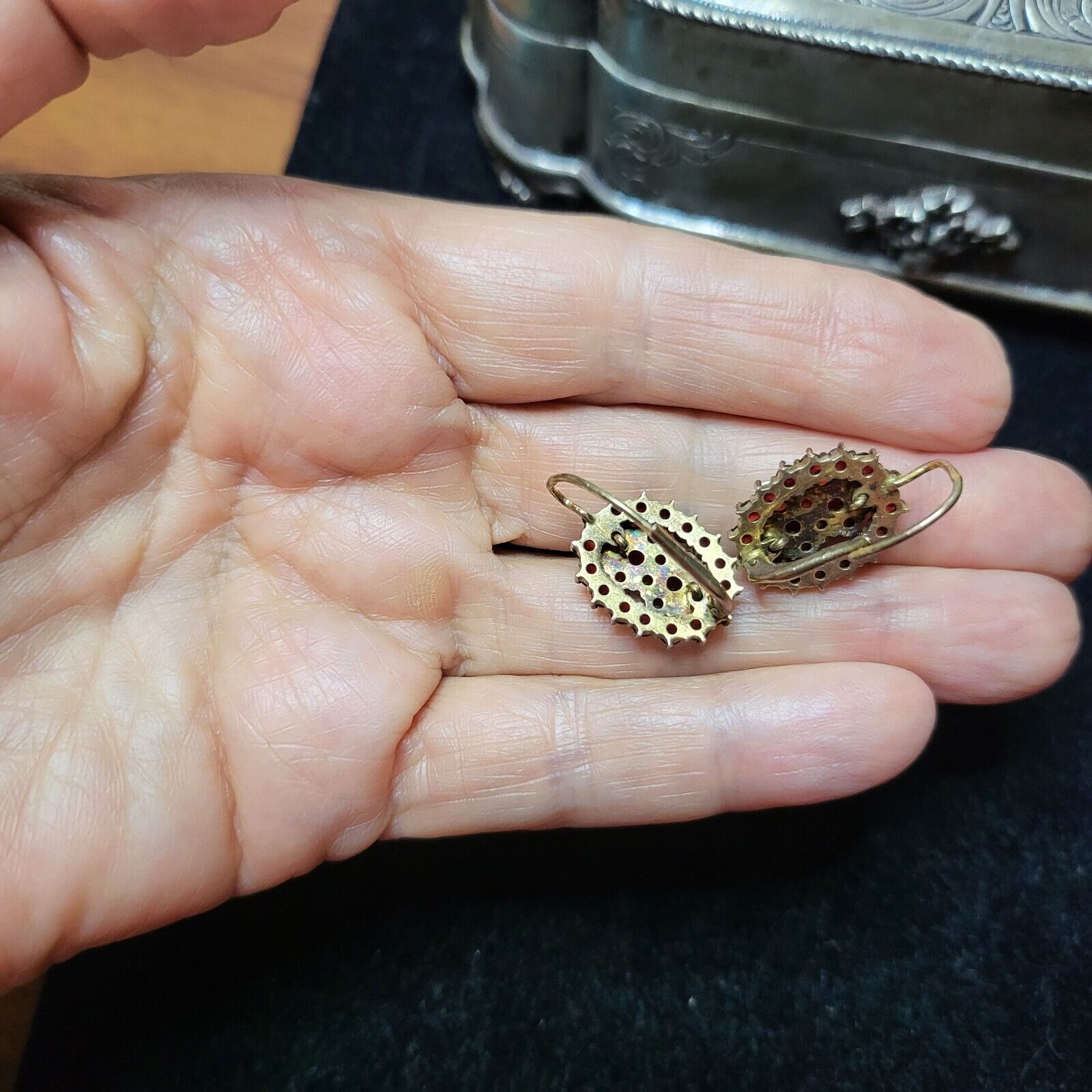 Antique earrings, natural garnets, signed with three marks,1900s,Bohemia