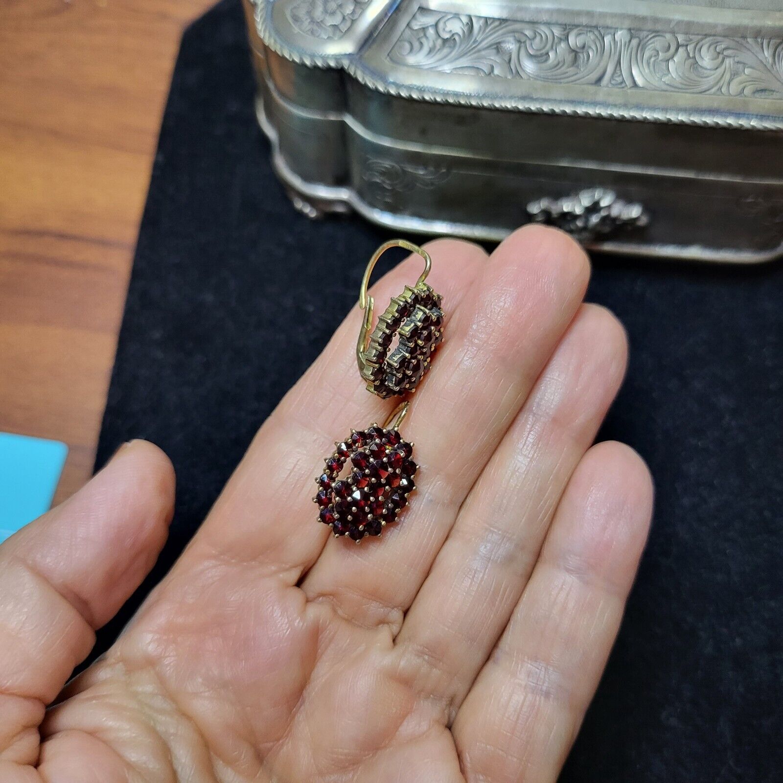 Antique earrings, natural garnets, signed with three marks,1900s,Bohemia