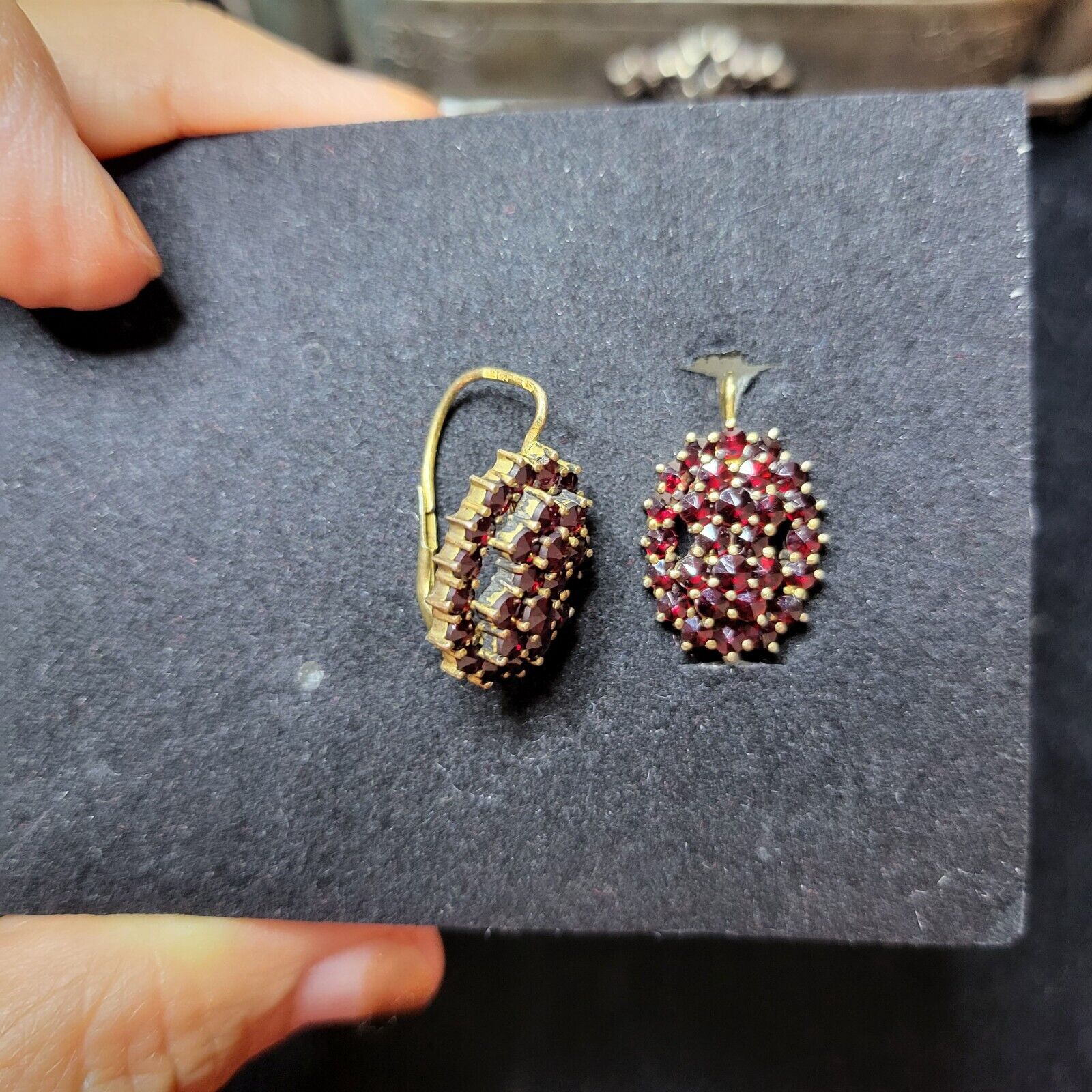 Antique earrings, natural garnets, signed with three marks,1900s,Bohemia
