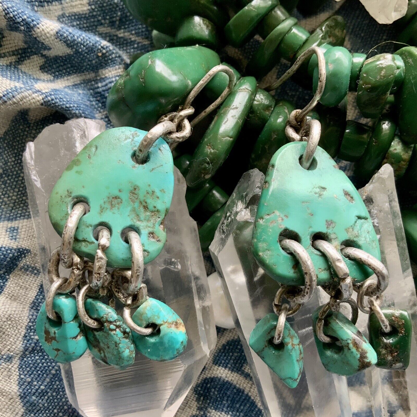 1900s ZUNI STYLE Blue & Green Turquoise Tab Earrings Ear Bob Hand Wrought Silver