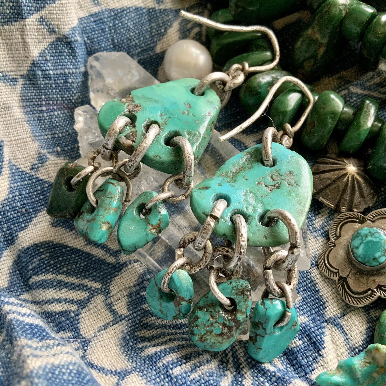1900s ZUNI STYLE Blue & Green Turquoise Tab Earrings Ear Bob Hand Wrought Silver